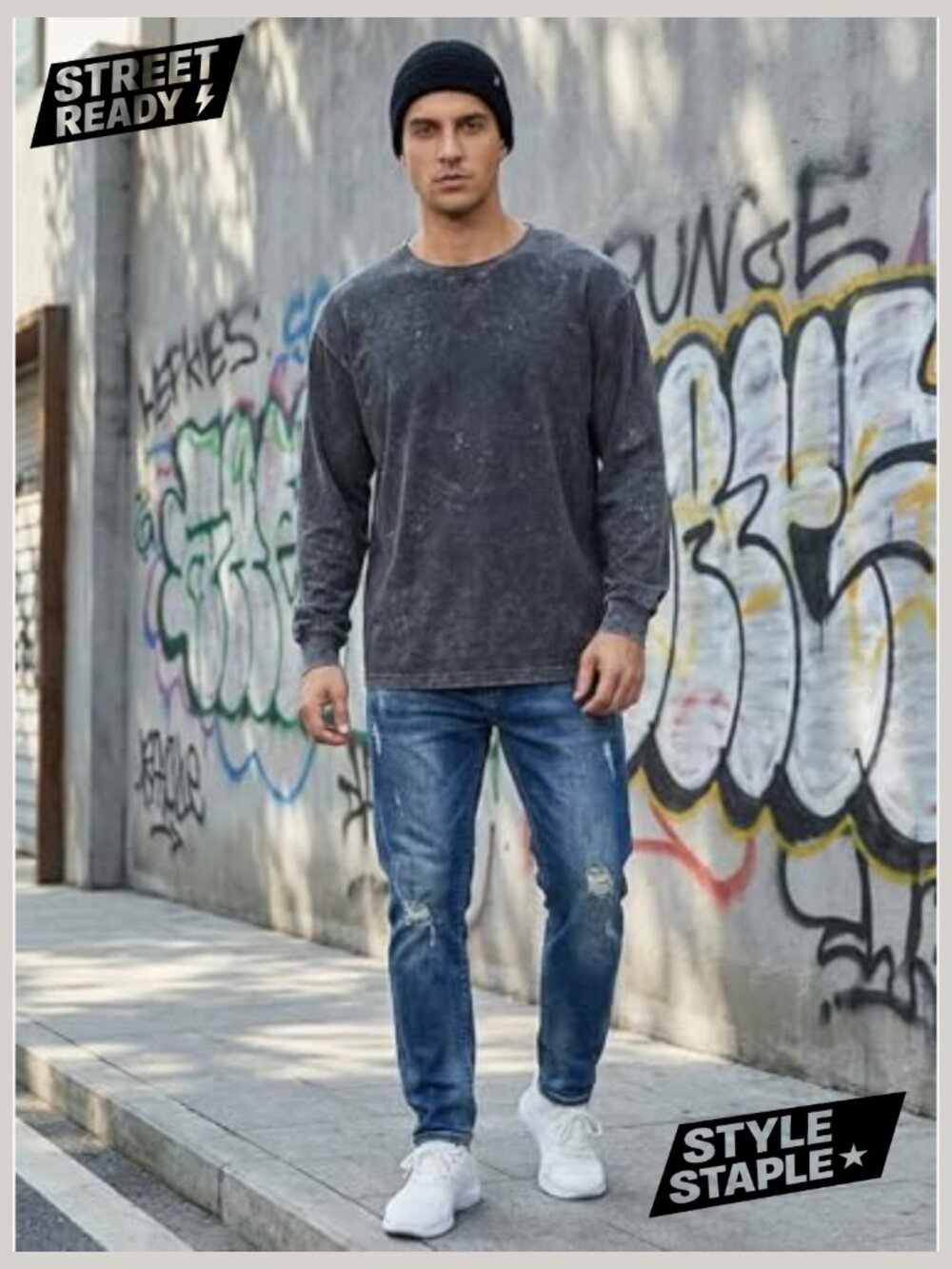 Vintage Wash Heavyweight Long Sleeve Tee Oversized Crew Neck - Picture 3 of 7